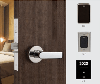 The Saflok SR Series reader is a device that operates access control throughout the property from guestroom to perimeter access such as elevator, parking entrances, or any other door requiring an electric strike or electro-magnetic lock.