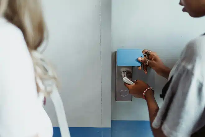 About 1 Hotel door lock opening securely with RFID card.